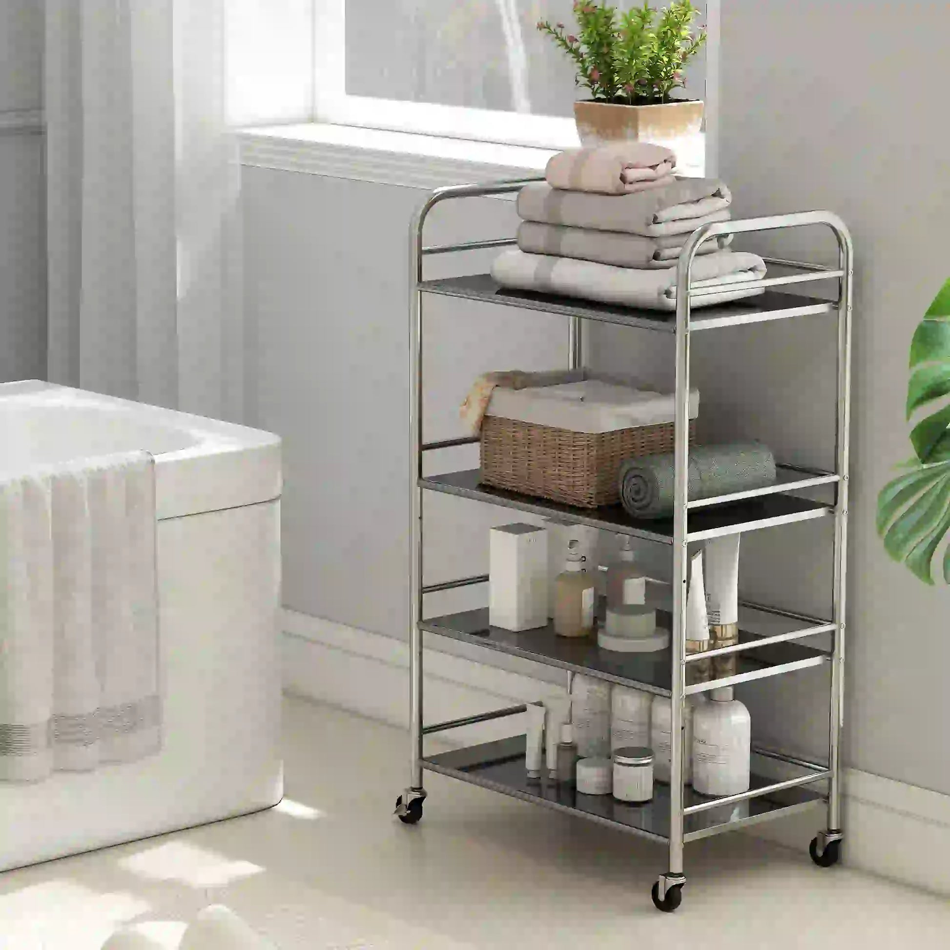 4 Tier Stainless Steel Rolling Cart, Adjustable Shelves, Wheels, Silver Kitchen Islands & Kitchen Carts at Gallery Canada