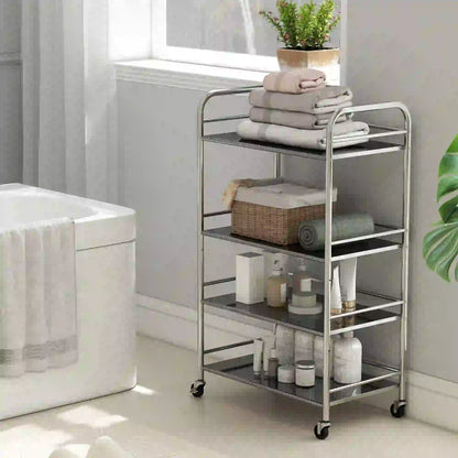 4 Tier Stainless Steel Rolling Cart, Adjustable Shelves, Wheels, Silver Kitchen Islands & Kitchen Carts at Gallery Canada