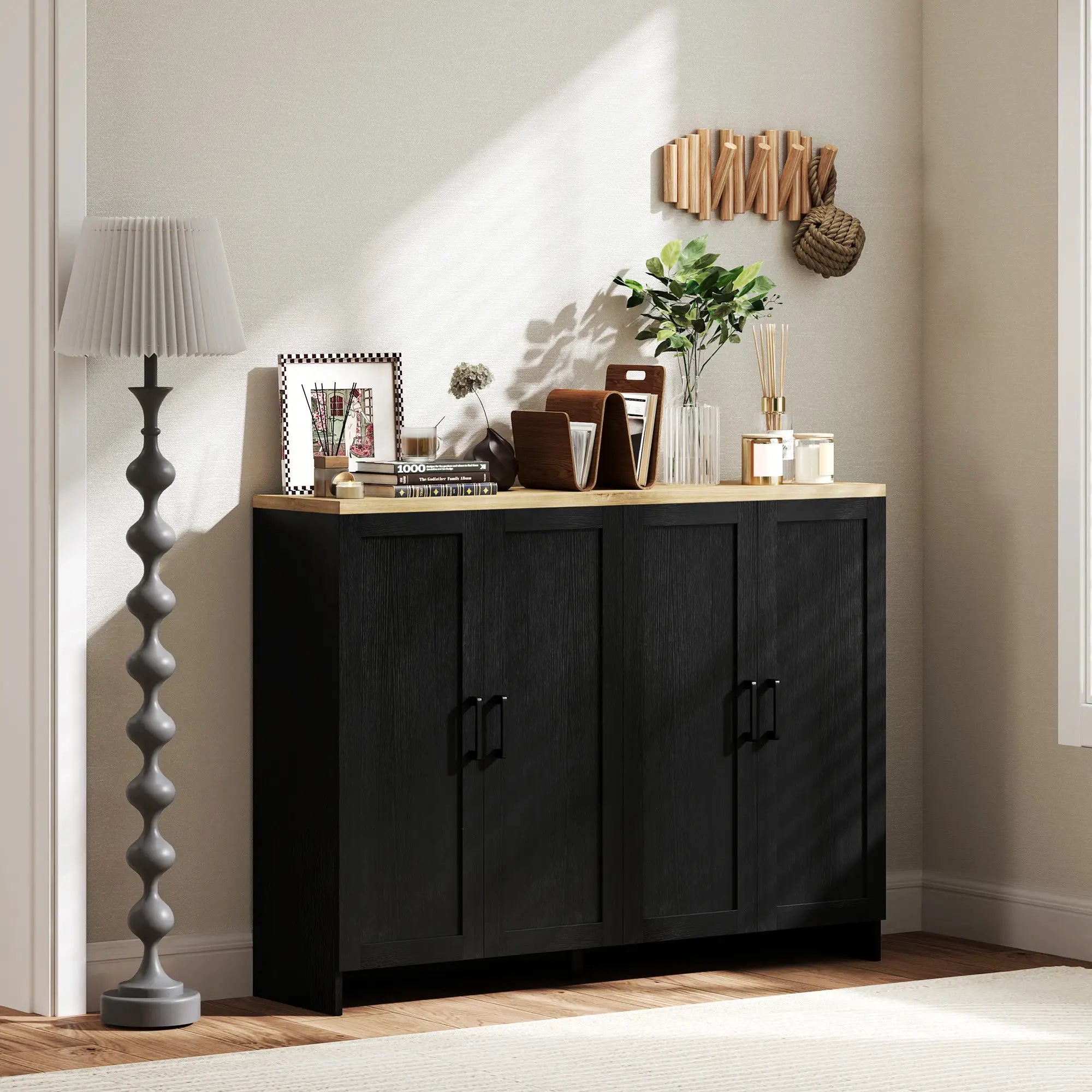 Modern Sideboard Buffet Cabinet, 4 Doors Adjustable Shelves, Black Storage Cabinets at Gallery Canada
