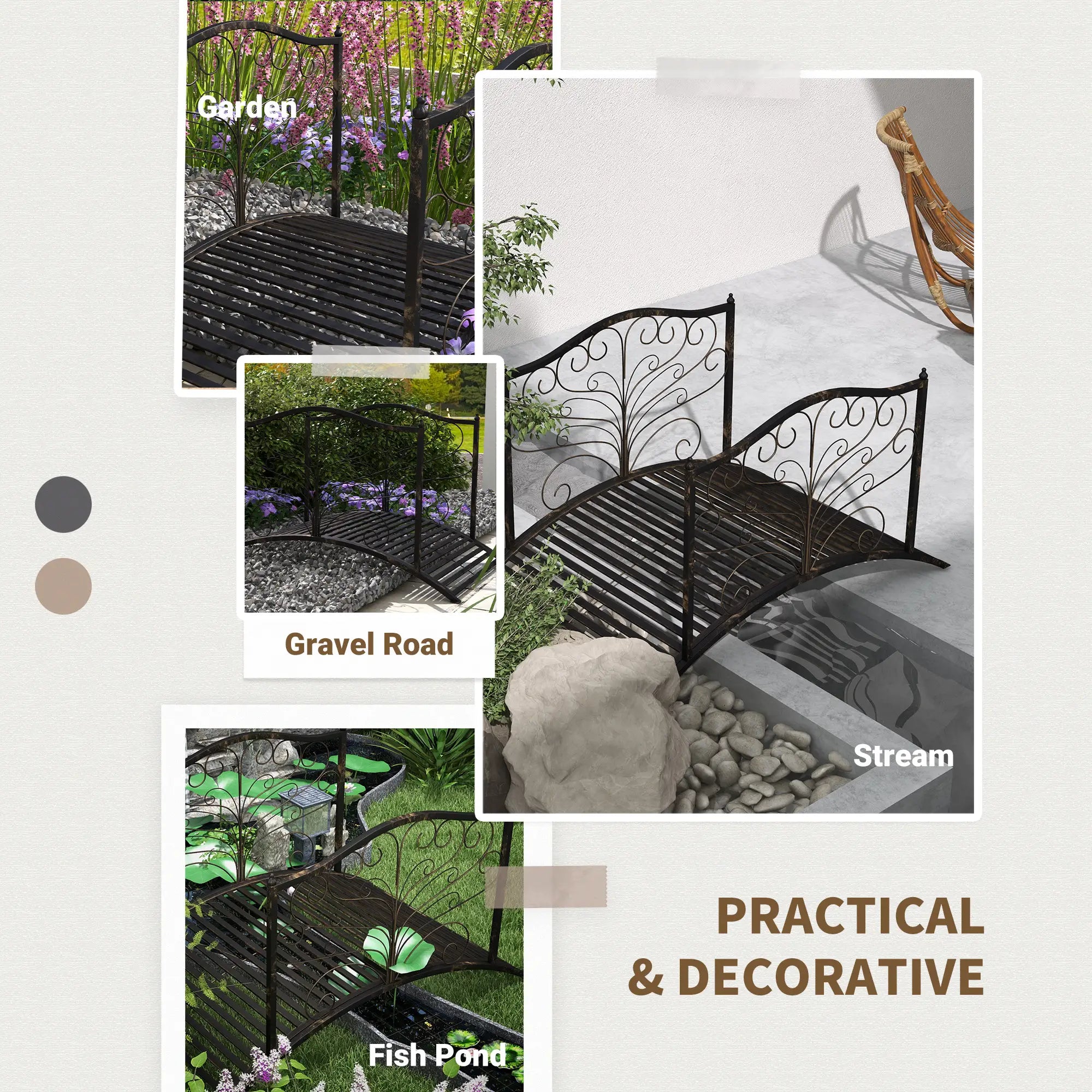 4FT Metal Garden Bridge, Decorative Arc, Guardrails, Black Bronze Garden Bridges at Gallery Canada