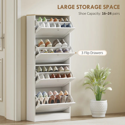 Shoe Storage Cabinet, 4 Flip Drawers, Adjustable Shelves, 18-24 Pairs, White