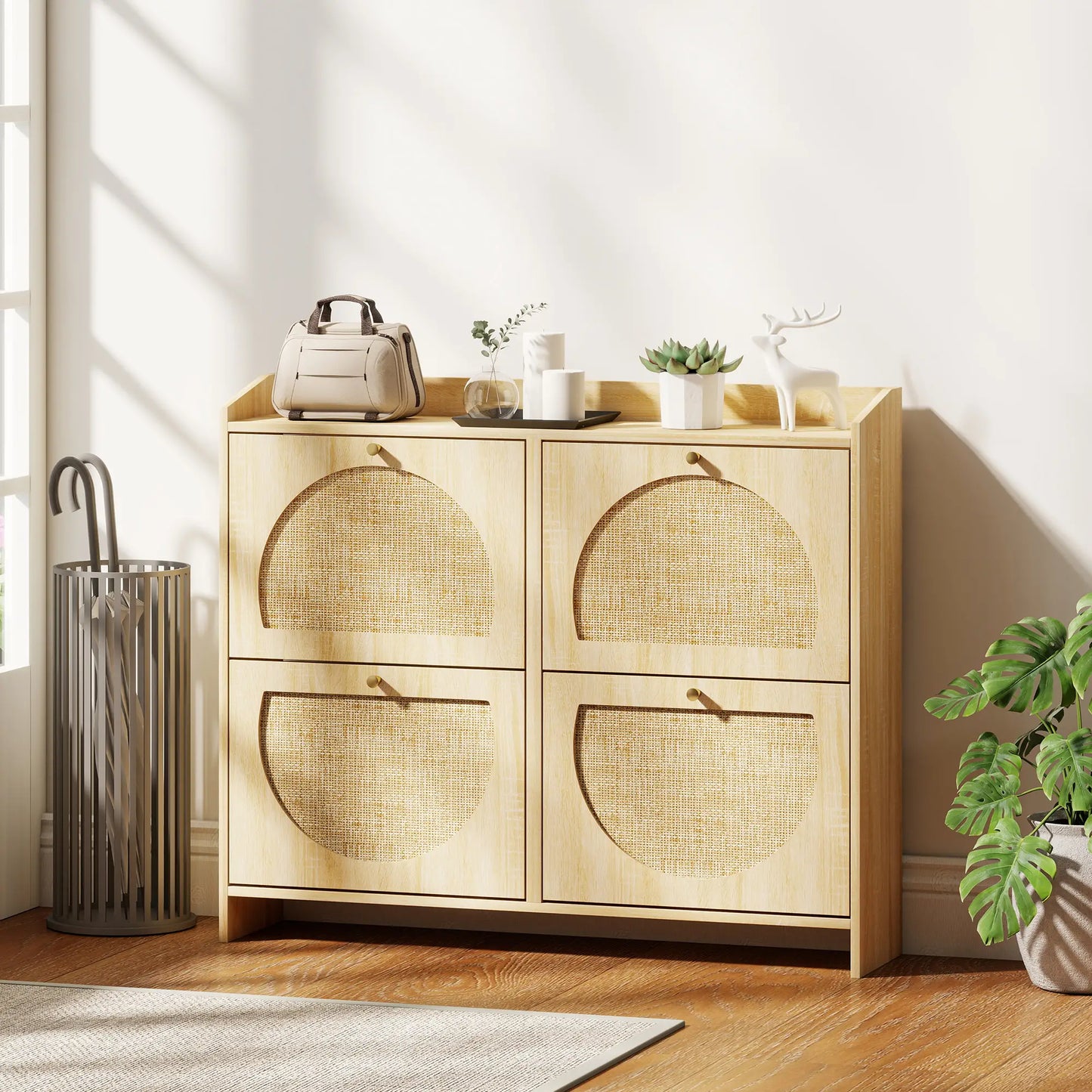 4 Flip-Drawer Shoe Cabinet, Rattan Doors, Adjustable Shelves, Holds 16 Pairs, Natural Shoe Storage Cabinets & Racks at Gallery Canada