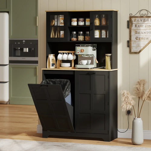 Kitchen Pantry Cabinet, 7 Gallon Trash Can, Adjustable Shelves, Acrylic Doors, Black