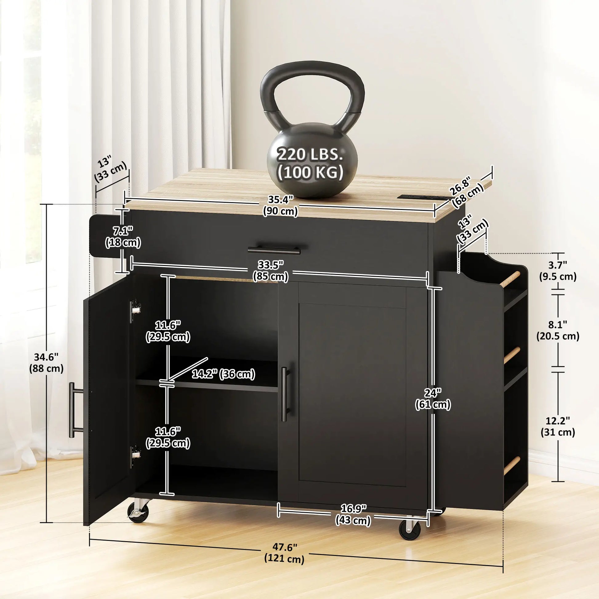 Kitchen Island with Storage, Rolling Cart, Foldable Drop Leaf, Power Outlet, USB Ports, Black Kitchen Islands & Kitchen Carts at Gallery Canada