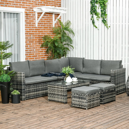6 Piece Rattan Garden Set, 8-Seater Outdoor Sofa with Cushions, Grey Patio Furniture Sets Mix-Grey Rattan, Grey Cushion at Gallery Canada