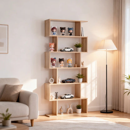 76" 6-Tier Geometric Wooden Bookcase, S Shaped Storage Display, Maple Display Bookshelves at Gallery Canada