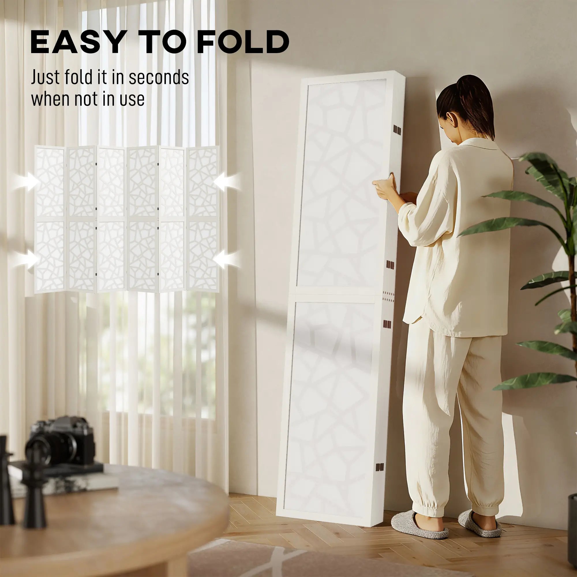 6 Panel Room Divider, 5.6 FT, Geometric Pattern Privacy Screen, White Room Dividers at Gallery Canada