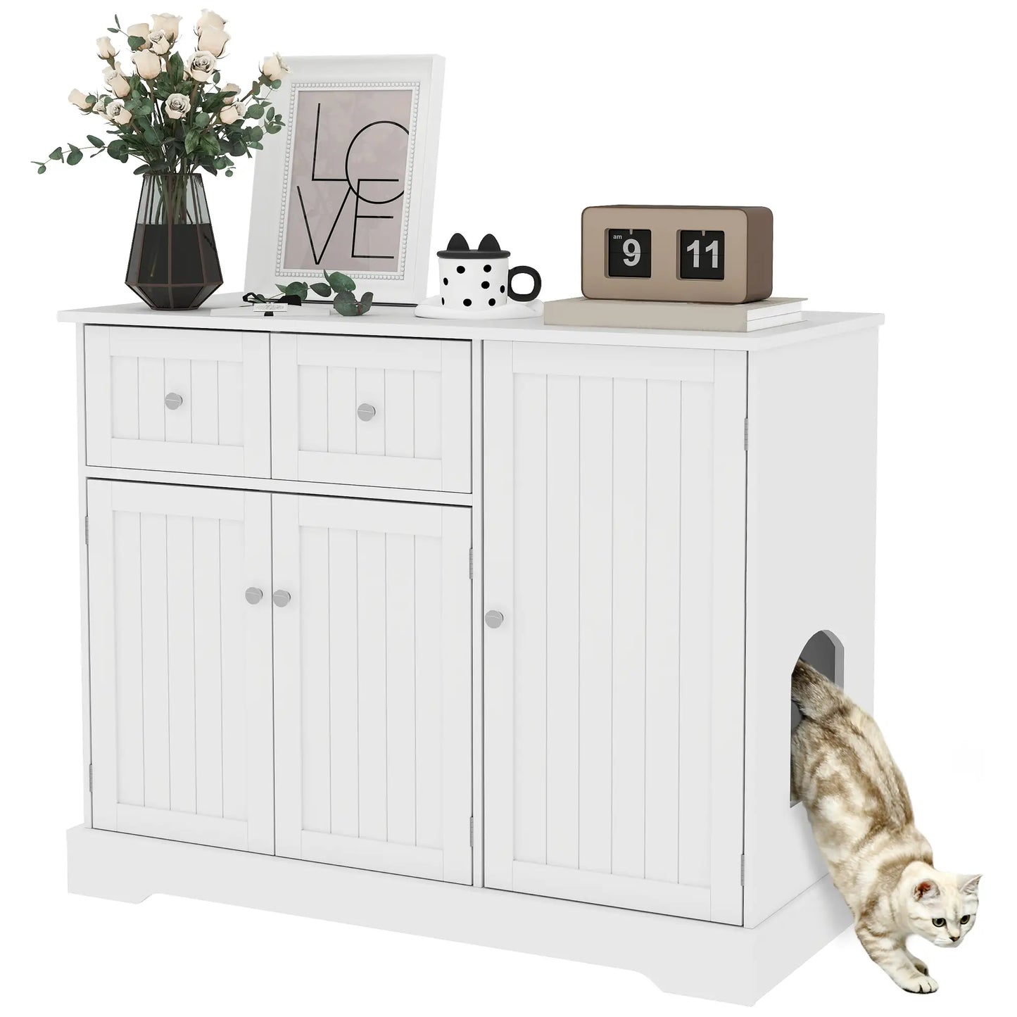 Cat Litter Box Enclosure with Drawer, Storage, Anti-Tip Kit, White Cat Litter Box Enclosures at Gallery Canada