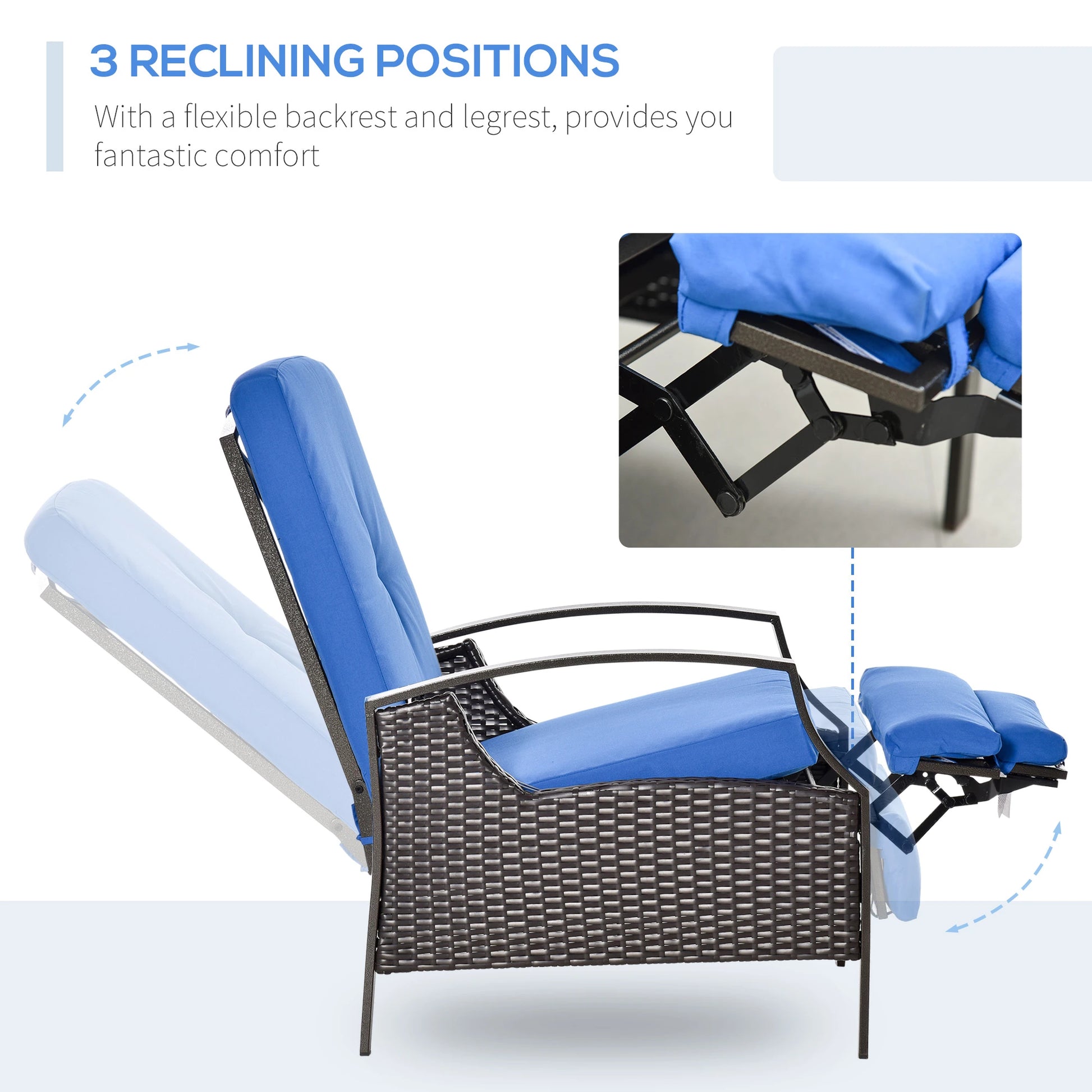 Outdoor Rattan Recliner Chair, Adjustable Back, Retractable Footrest, Blue Chaise Loungers at Gallery Canada