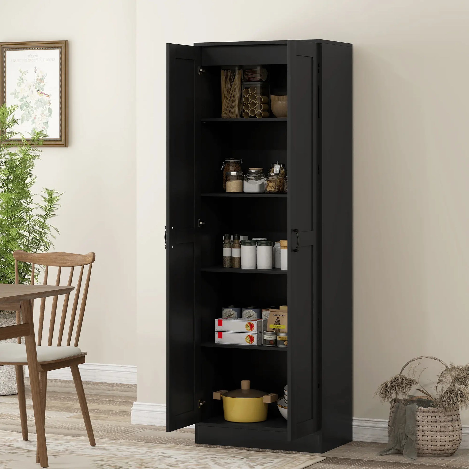 69" Tall Pantry Cabinet, Adjustable Shelves, Soft Close Doors, Black Kitchen Pantry Cabinets at Gallery Canada