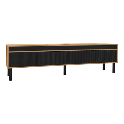 Elegant Stripe Design Stand, Sturdy Wooden Legs, 3 Doors, 67" L x 15" W x 18.5" H, Natural, Black TV Stands at Gallery Canada