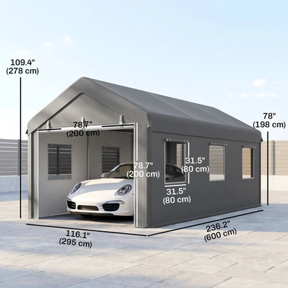 10' x 20' Heavy Duty Carport, Portable Garage, 6 Mesh Windows, 2 Doors, Grey Car Shelters at Gallery Canada