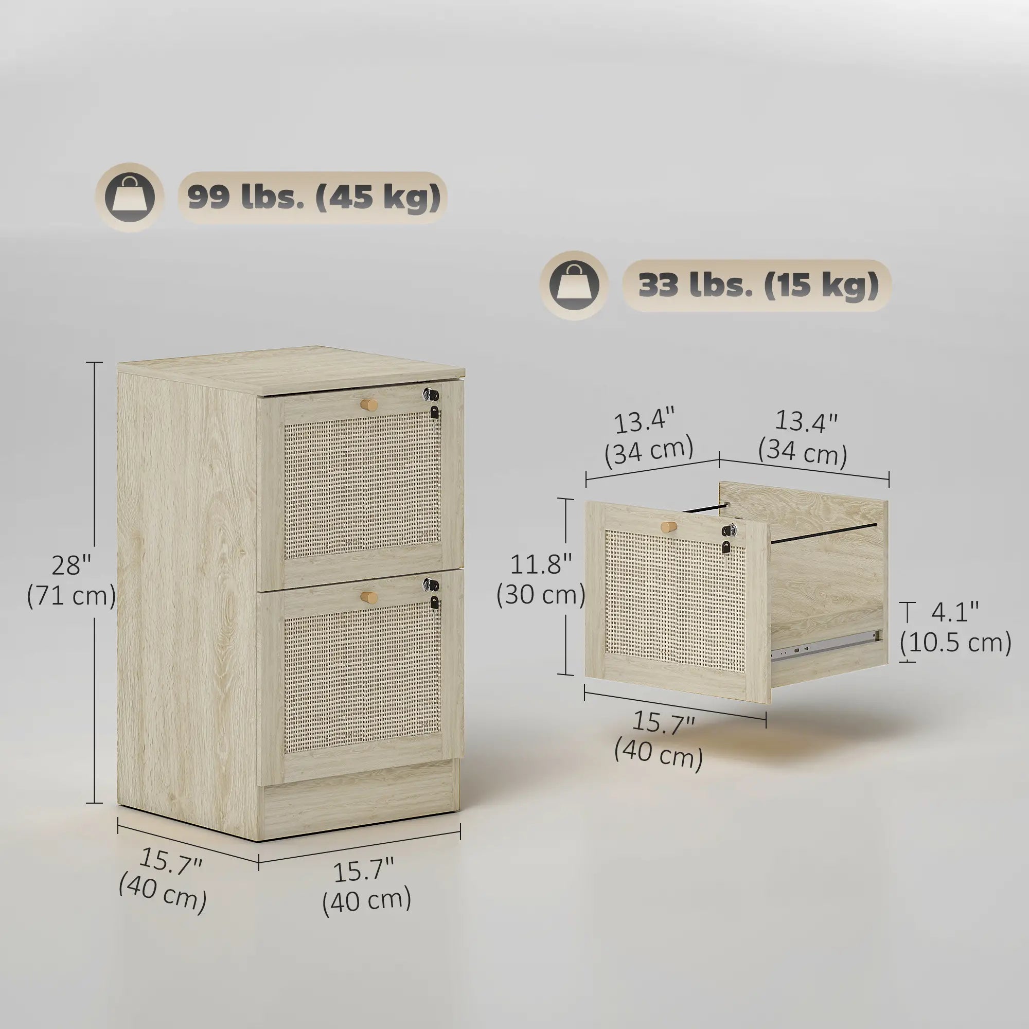 2 Drawer Filing Cabinet with Lock, Boho Style, A4 Letter Size, Oak Office Cabinets & Cupboards at Gallery Canada