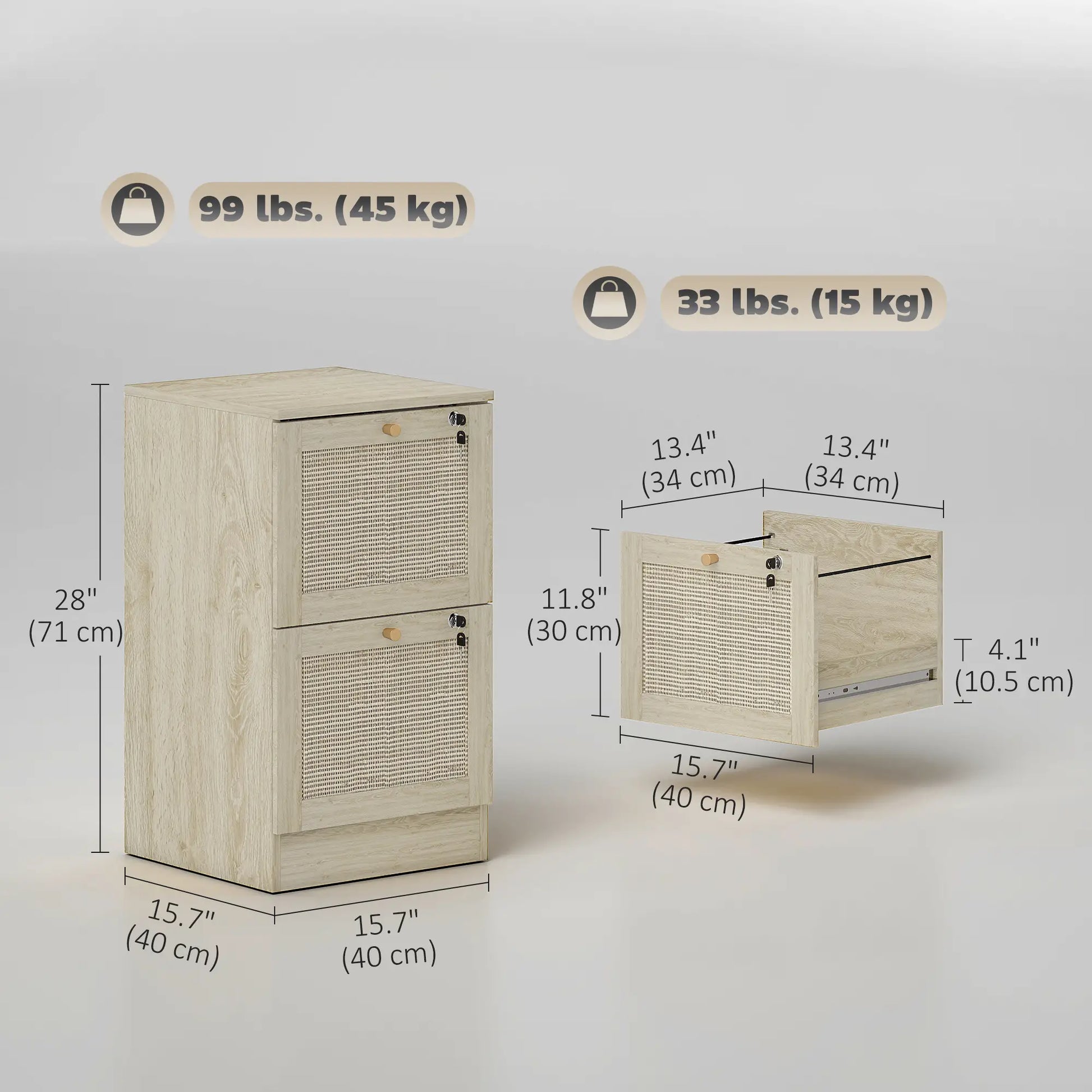 2 Drawer Filing Cabinet with Lock, Boho Style, A4 Letter Size, Oak Office Cabinets & Cupboards at Gallery Canada