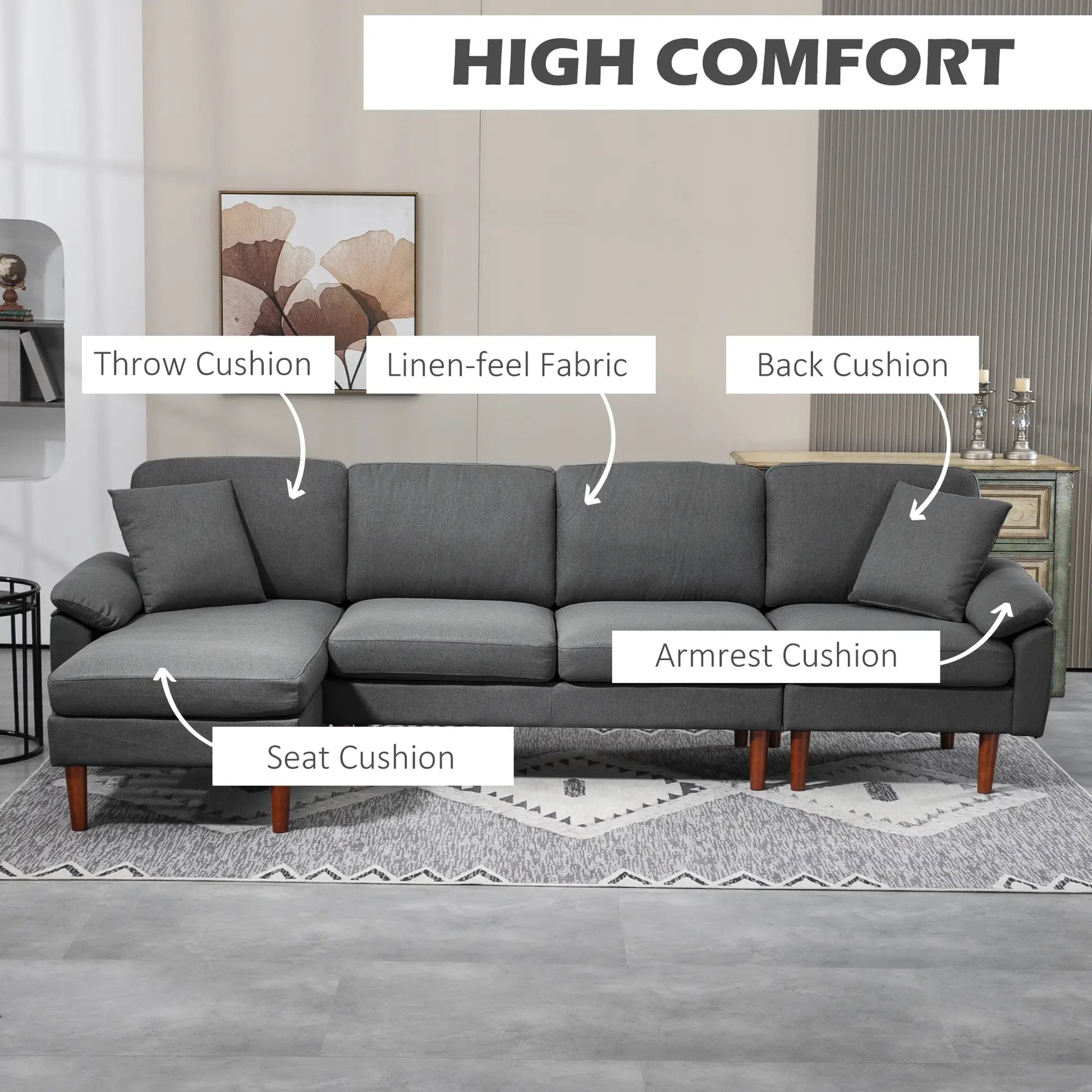 L-Shape Sofa, Modern Sectional Couch with Chaise Lounge, Dark Grey 3-Seater Sofas at Gallery Canada