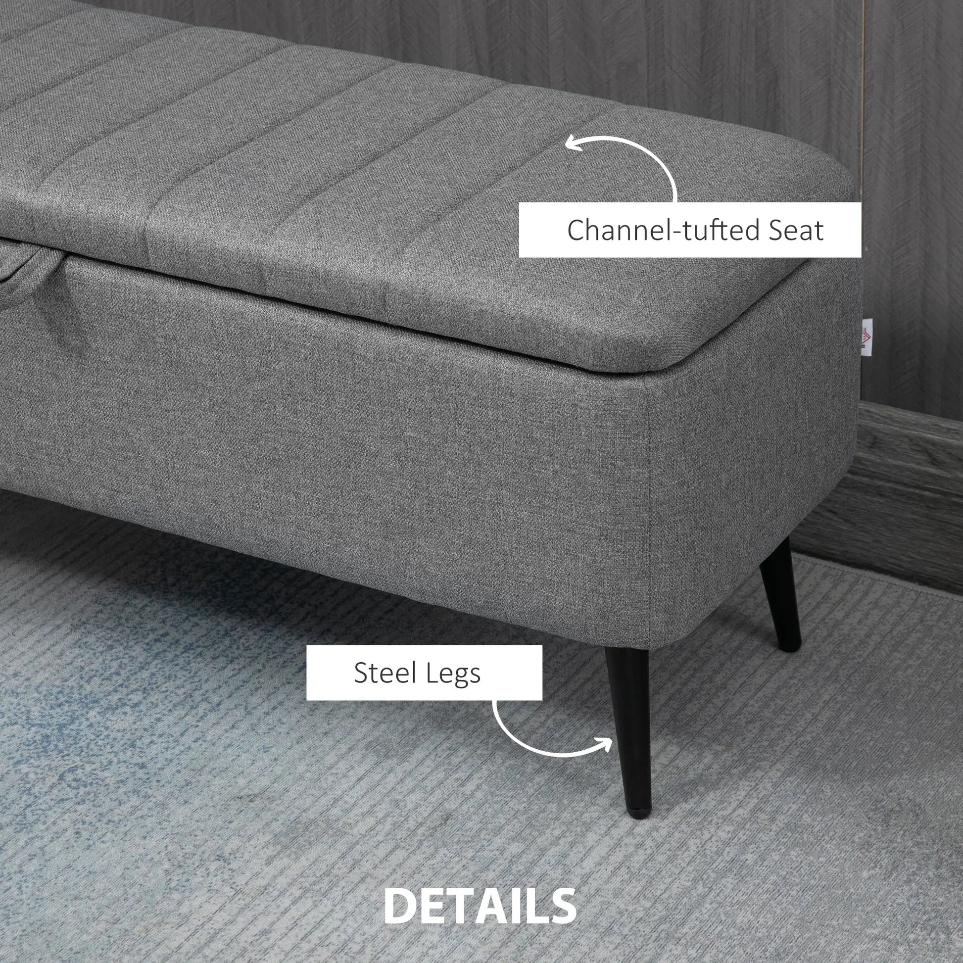 40" Ottoman with Storage, Linen Upholstered Bench, Steel Legs, Grey Storage Ottomans & Benches at Gallery Canada