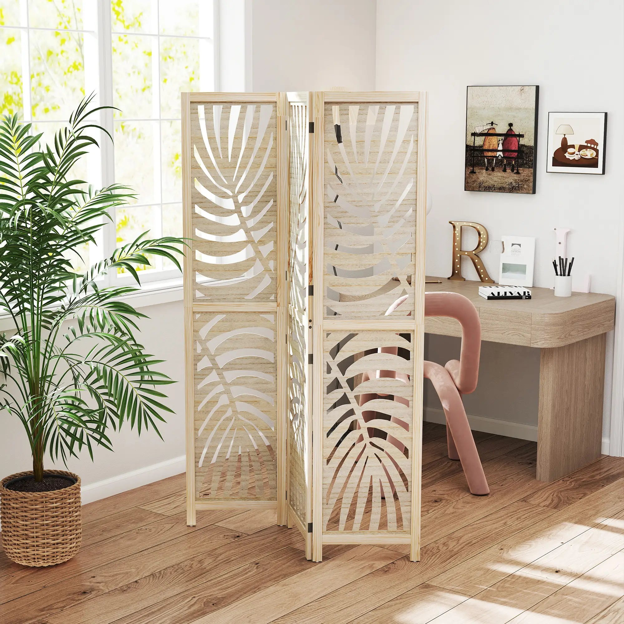 3 Panel Room Divider, Detachable Folding Privacy Screen, Palm Leaf Design, Natural Wood Finish Room Dividers at Gallery Canada