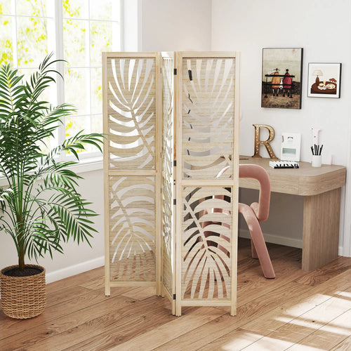 3 Panel Room Divider, Detachable Folding Privacy Screen, Palm Leaf Design, Natural Wood Finish