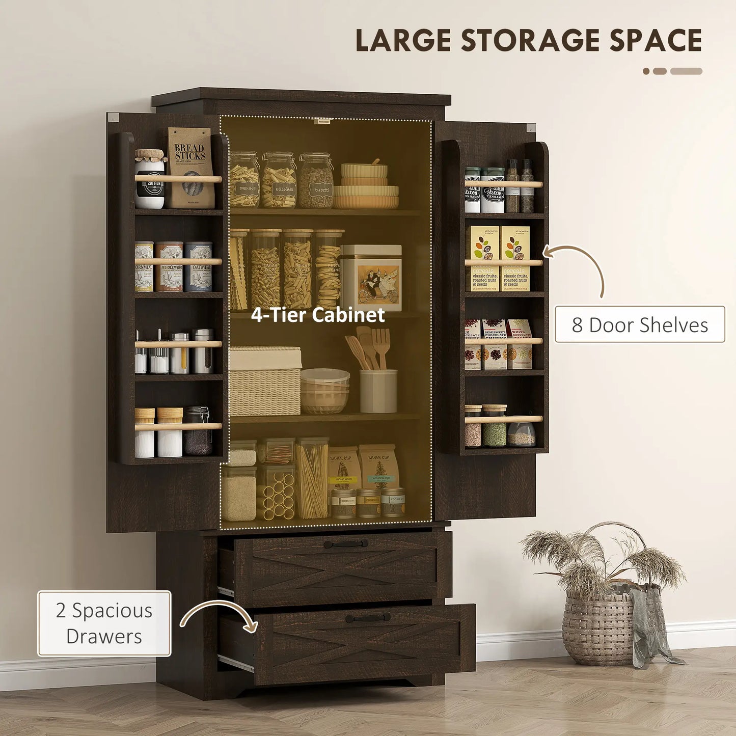 Farmhouse Kitchen Pantry Cabinet, 64", Distressed Dark Brown Kitchen Pantry Cabinets at Gallery Canada