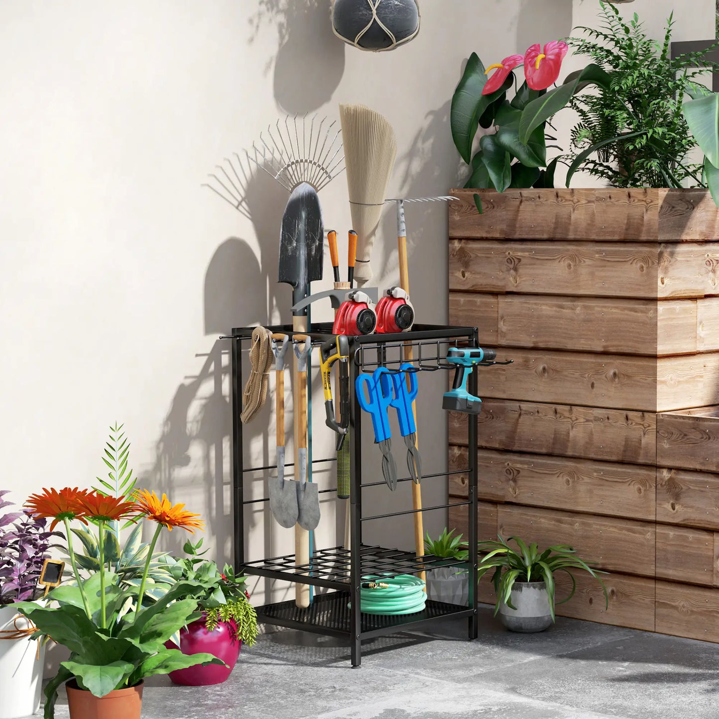 3-Tier Yard Tool Rack, Garden Organizer with 14 Hooks, Black Garden Accessories at Gallery Canada