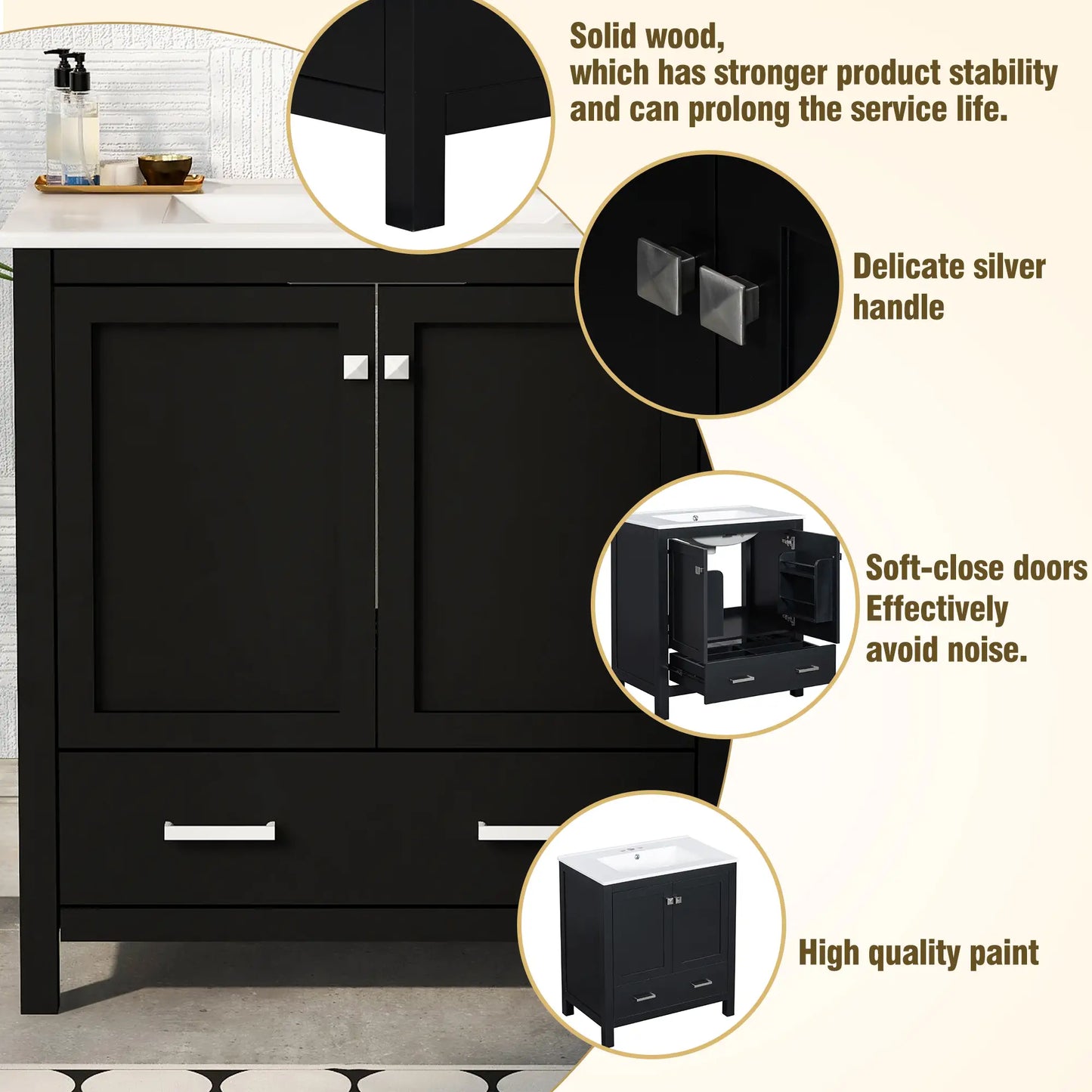 30" Bathroom Vanity, Single Undermount Sink, Soft-Close Doors, Black+White Sink Cabinets at Gallery Canada