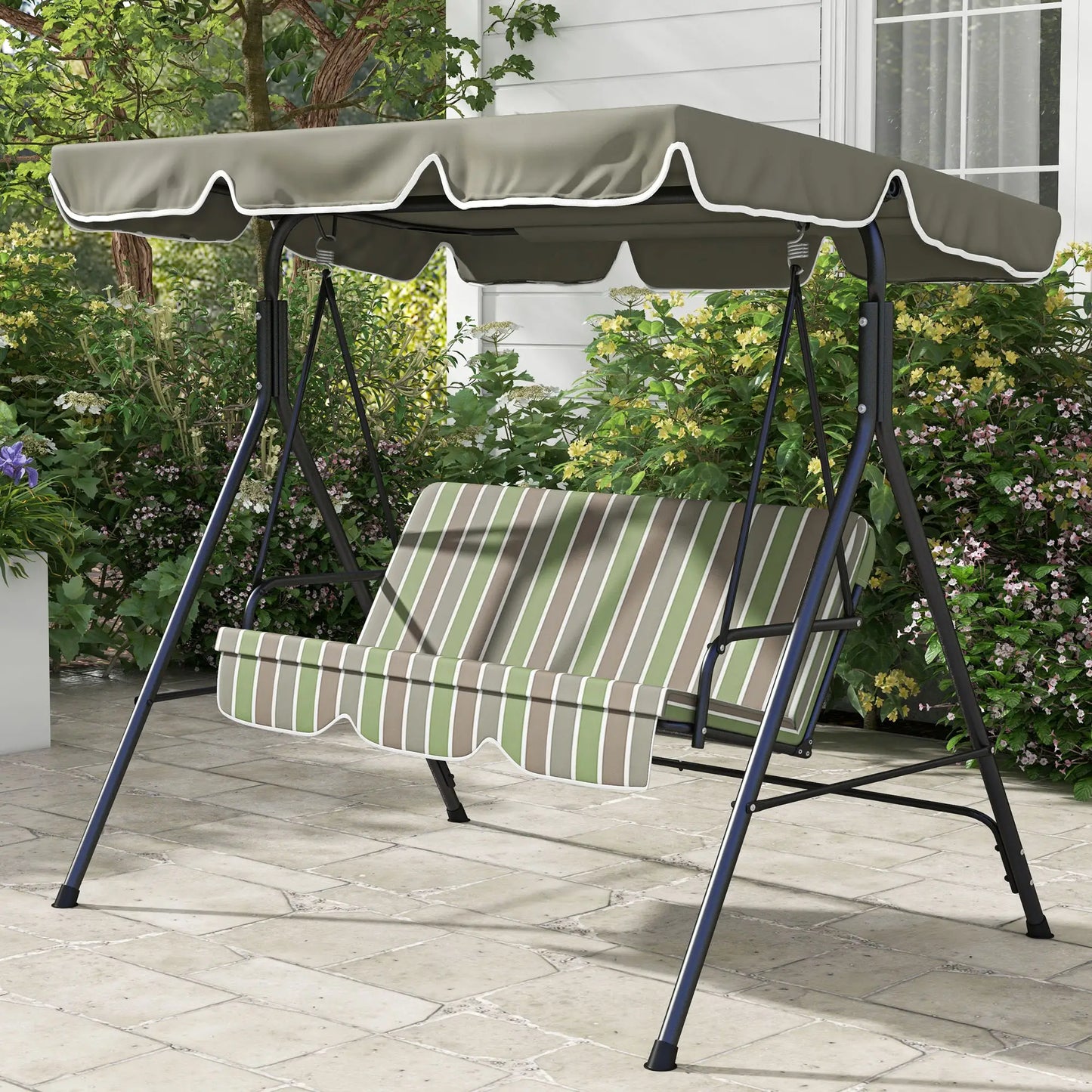 3-Seater Outdoor Porch Swing, Adjustable Canopy, Brown, Green Patio Swings with Stand at Gallery Canada