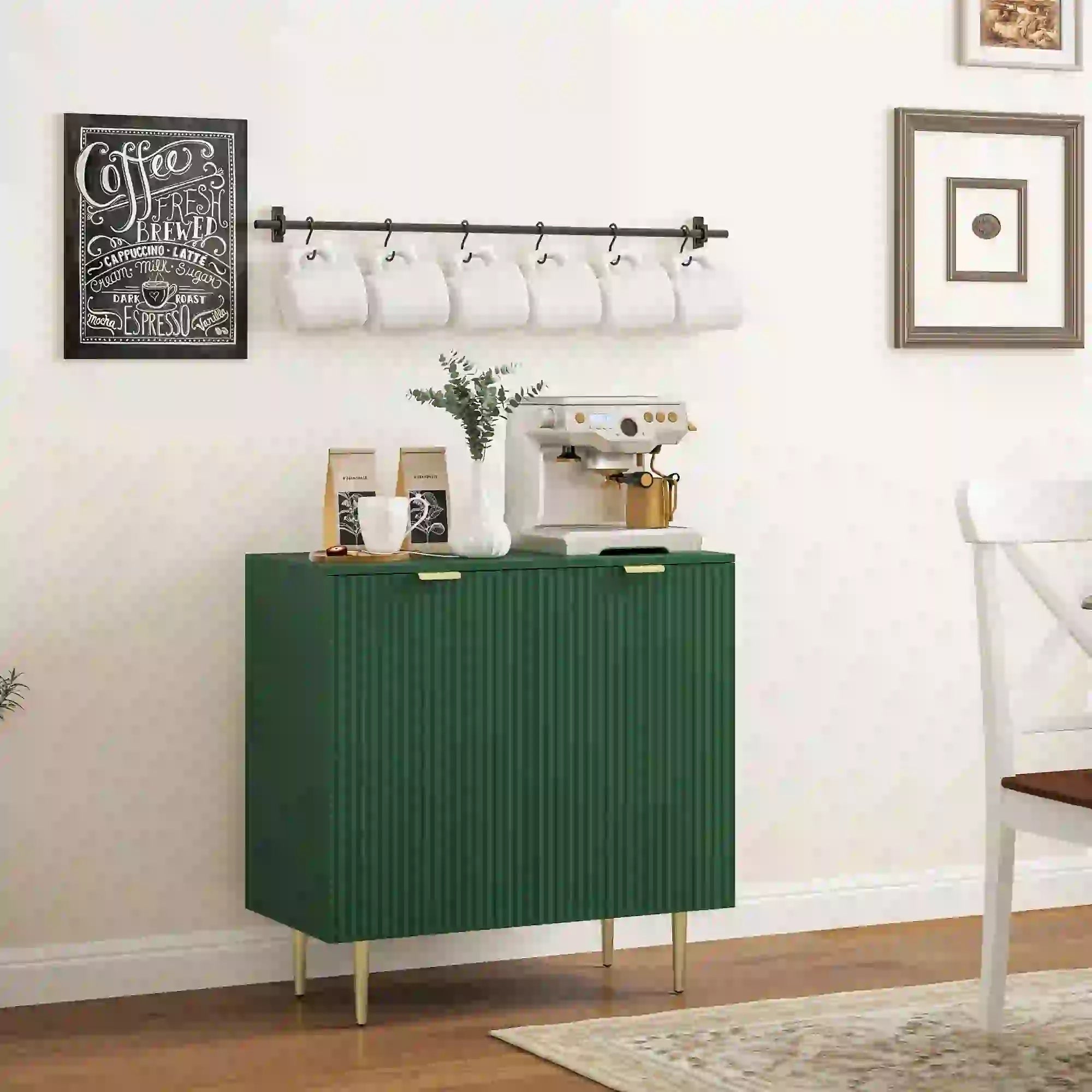 Modern Kitchen Cabinet, Adjustable Shelves, Metal Legs, Green Bar Cabinets at Gallery Canada