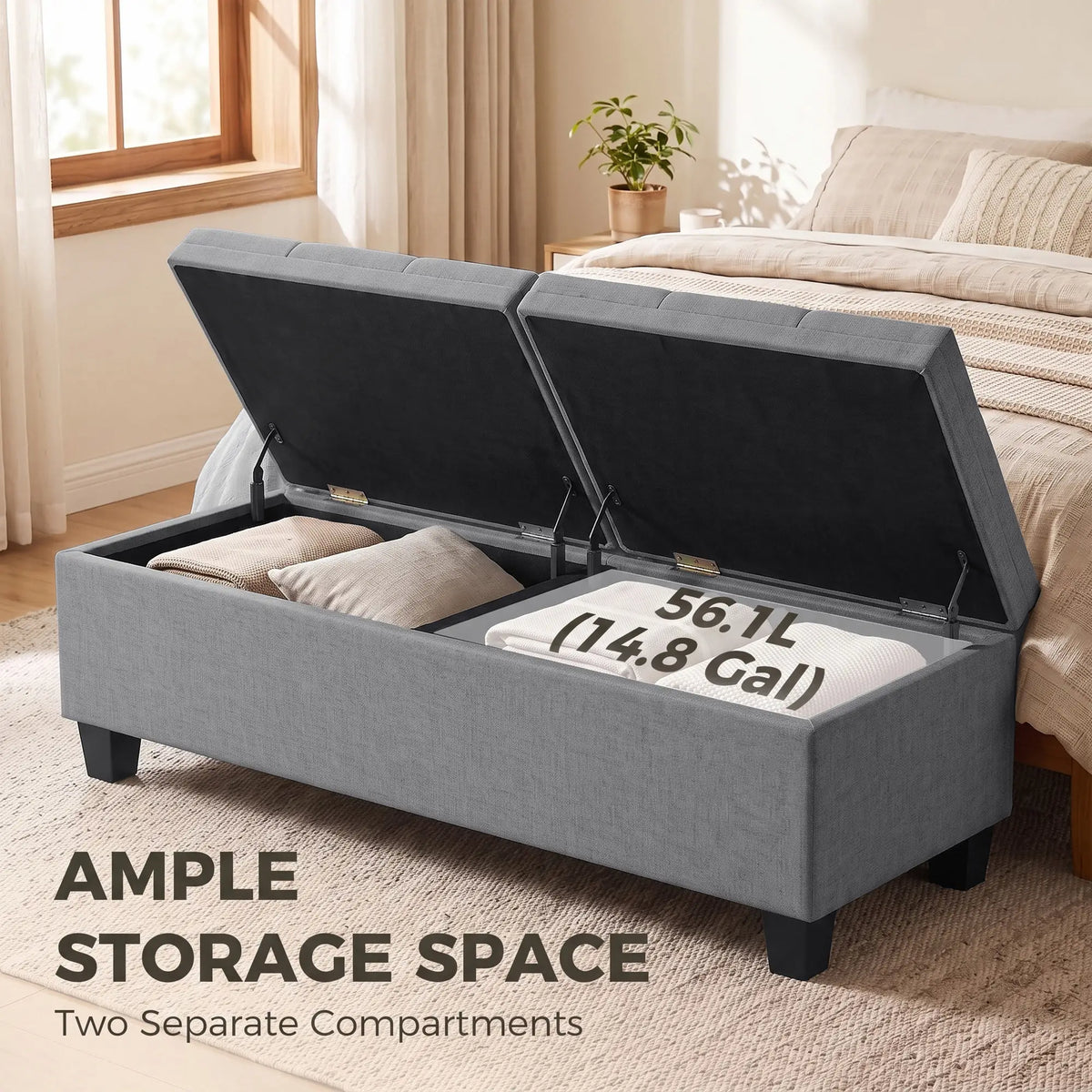51.2" Storage Ottoman Bench, 2 Compartments, Dark Grey, Dark Grey
