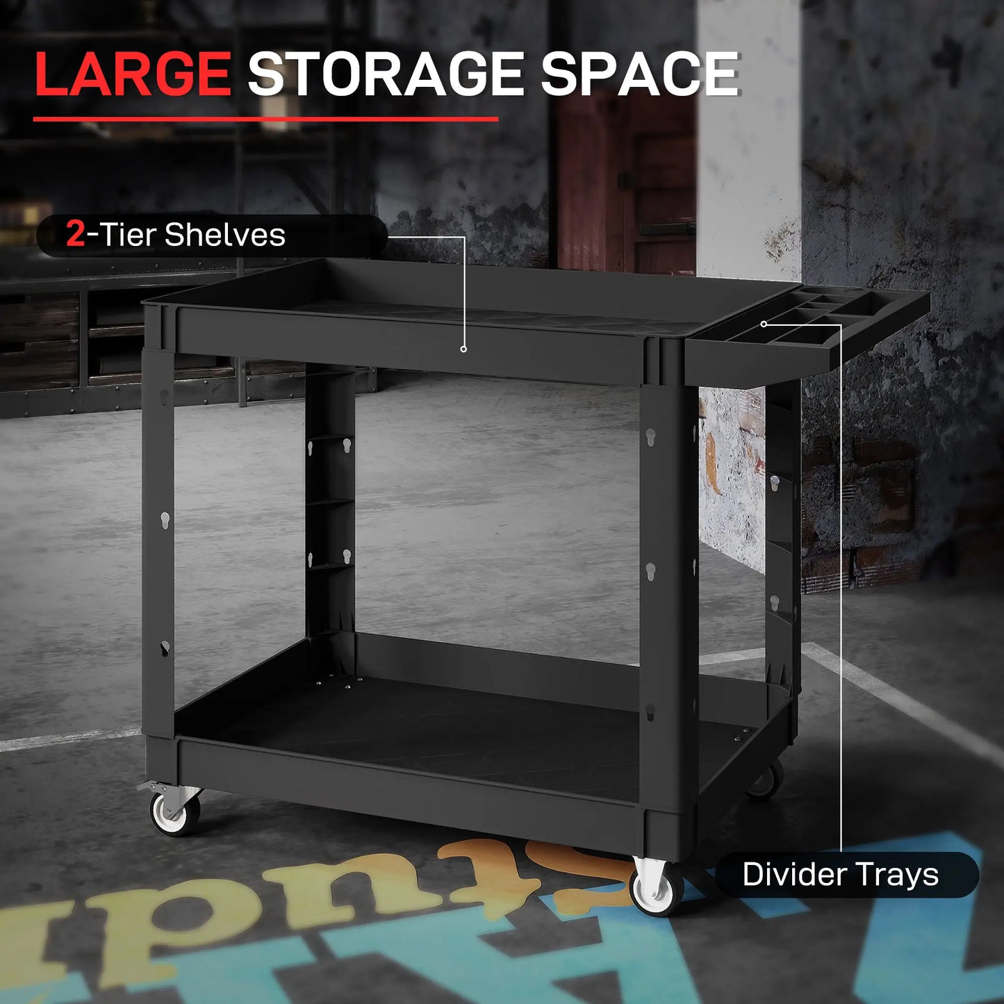 2-Tier Rolling Tool Cart, 500 LBS Capacity Plastic Utility Cart, Black Tool Organizers at Gallery Canada