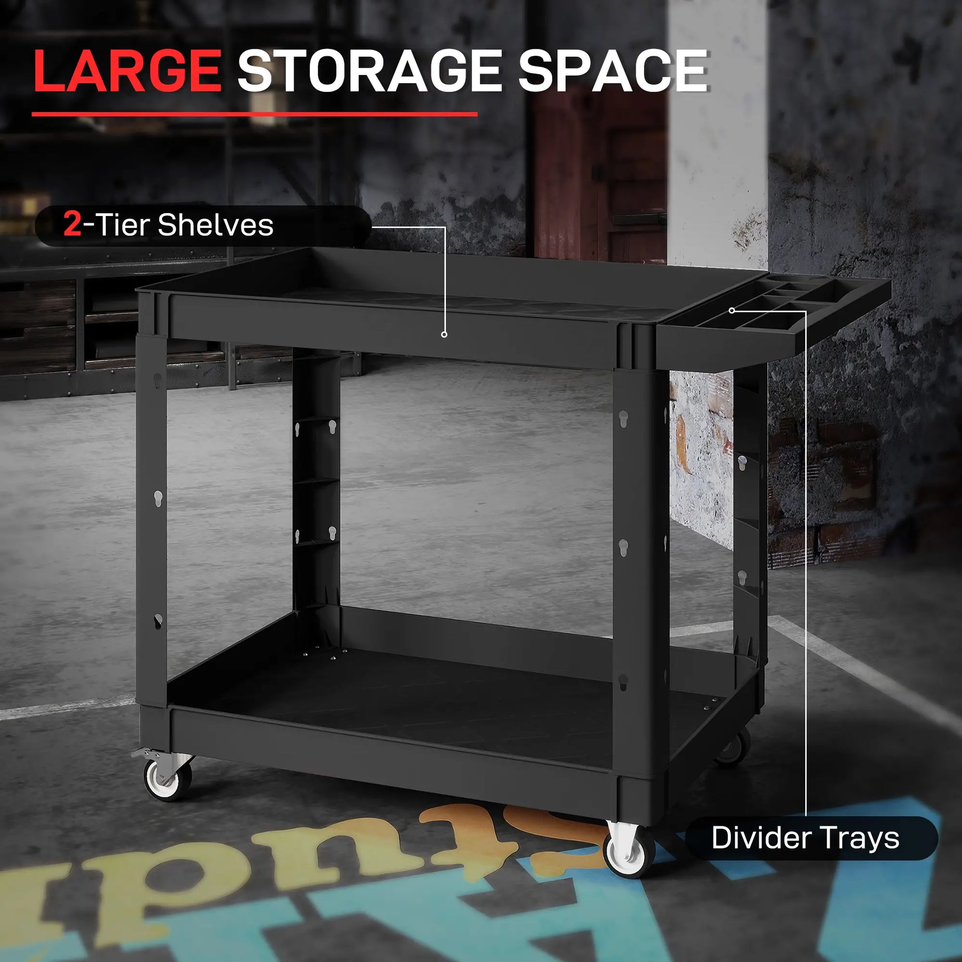 2-Tier Rolling Tool Cart, 500 LBS Capacity Plastic Utility Cart, Black Tool Organizers at Gallery Canada