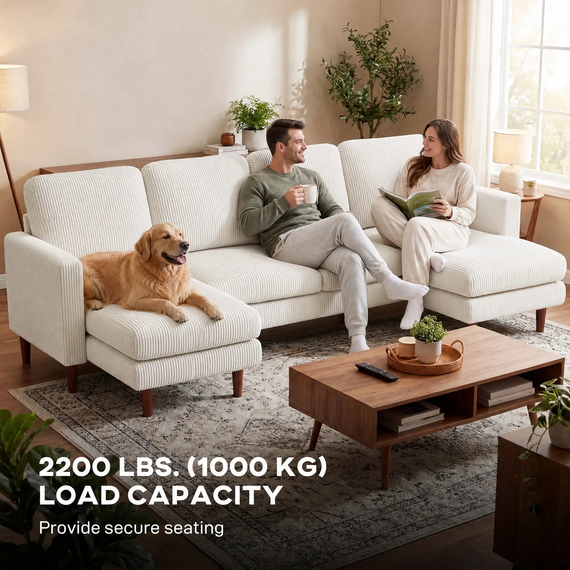 U Shaped Sectional Sofa, Corduroy, Double Chaise, Spring Cushions, 2200lb, Beige 3-Seater Sofas at Gallery Canada