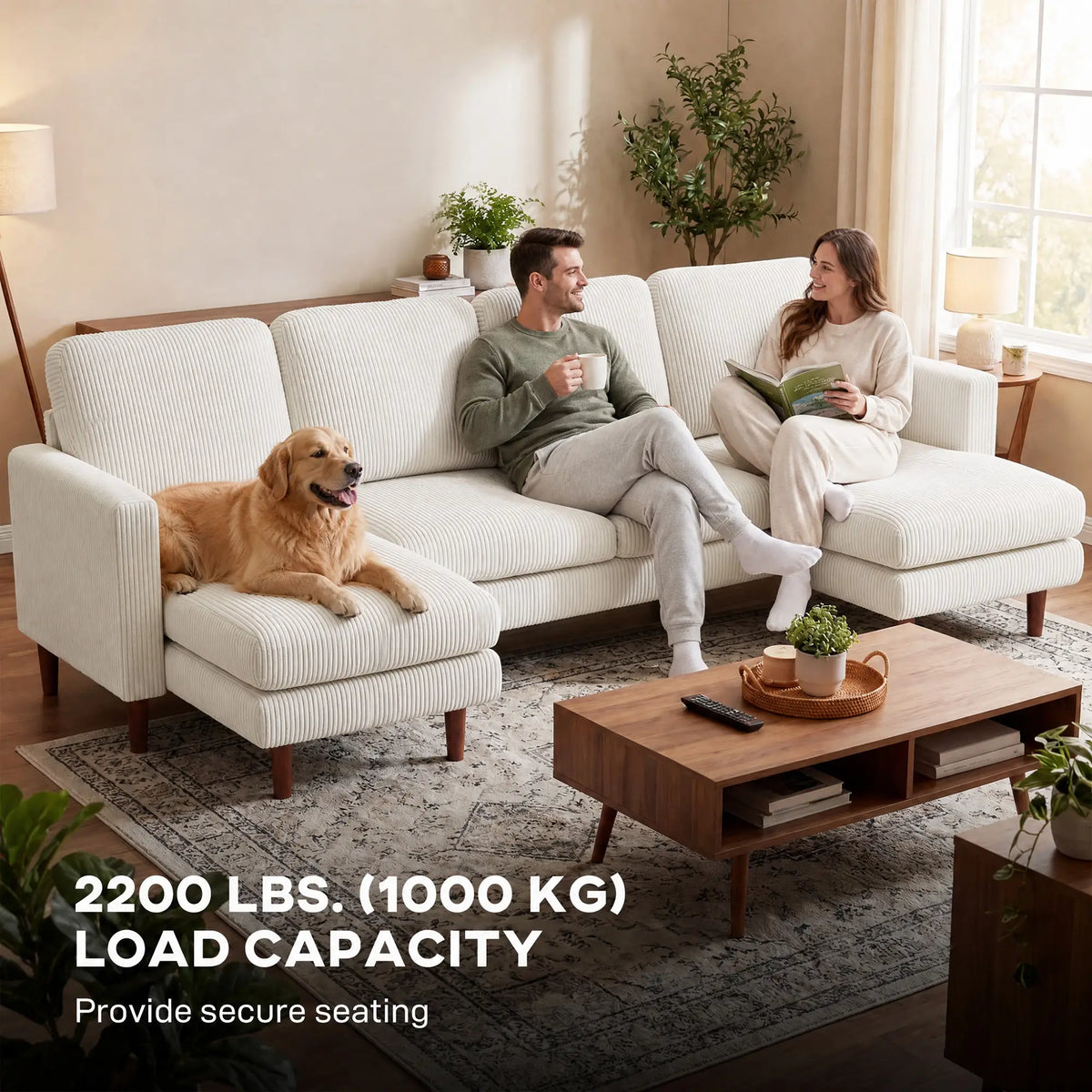 U Shaped Sectional Sofa, Corduroy, Double Chaise, Spring Cushions, 2200lb, Beige 3-Seater Sofas at Gallery Canada