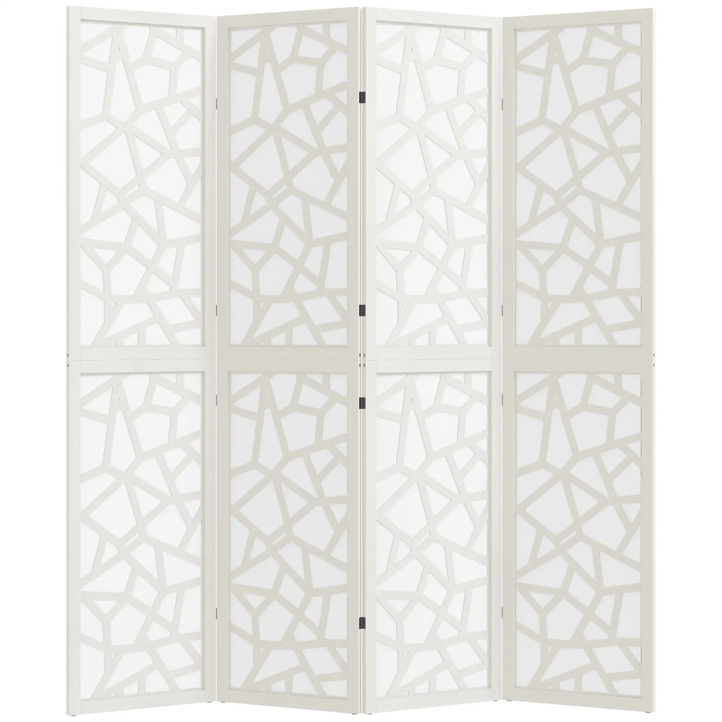 4 Panel Room Divider, 5.6 FT Geometric Pattern Privacy Screen, White