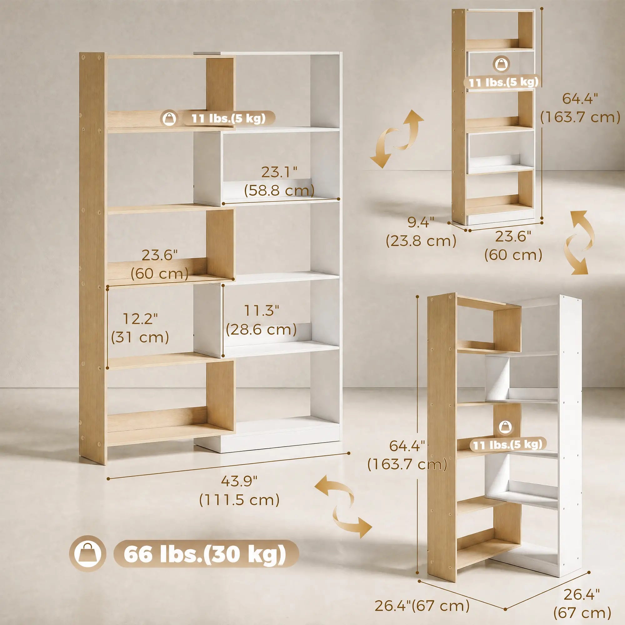 Corner Bookshelf, 5-Tier L-Shaped Bookcase with 350° Rotating Design, Two-Tone Design, Fruitwood/White Display Bookshelves at Gallery Canada
