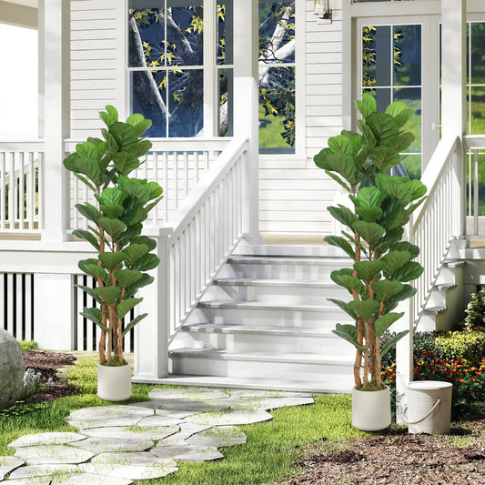 5FT Artificial Fiddle Leaf Fig Tree Set Of 2, Fake Potted Tree, Green Artificial Trees Green at Gallery Canada
