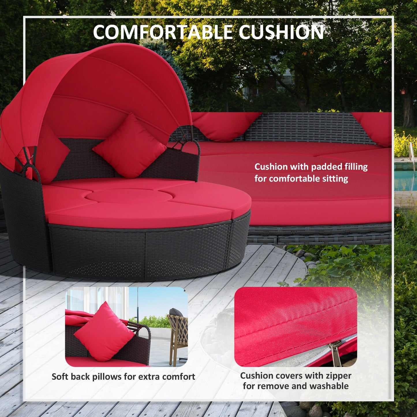 4-Piece Round Sofa Bed, Outdoor Daybed with Canopy, PE Rattan Wicker Lounge Chair Daybeds at Gallery Canada