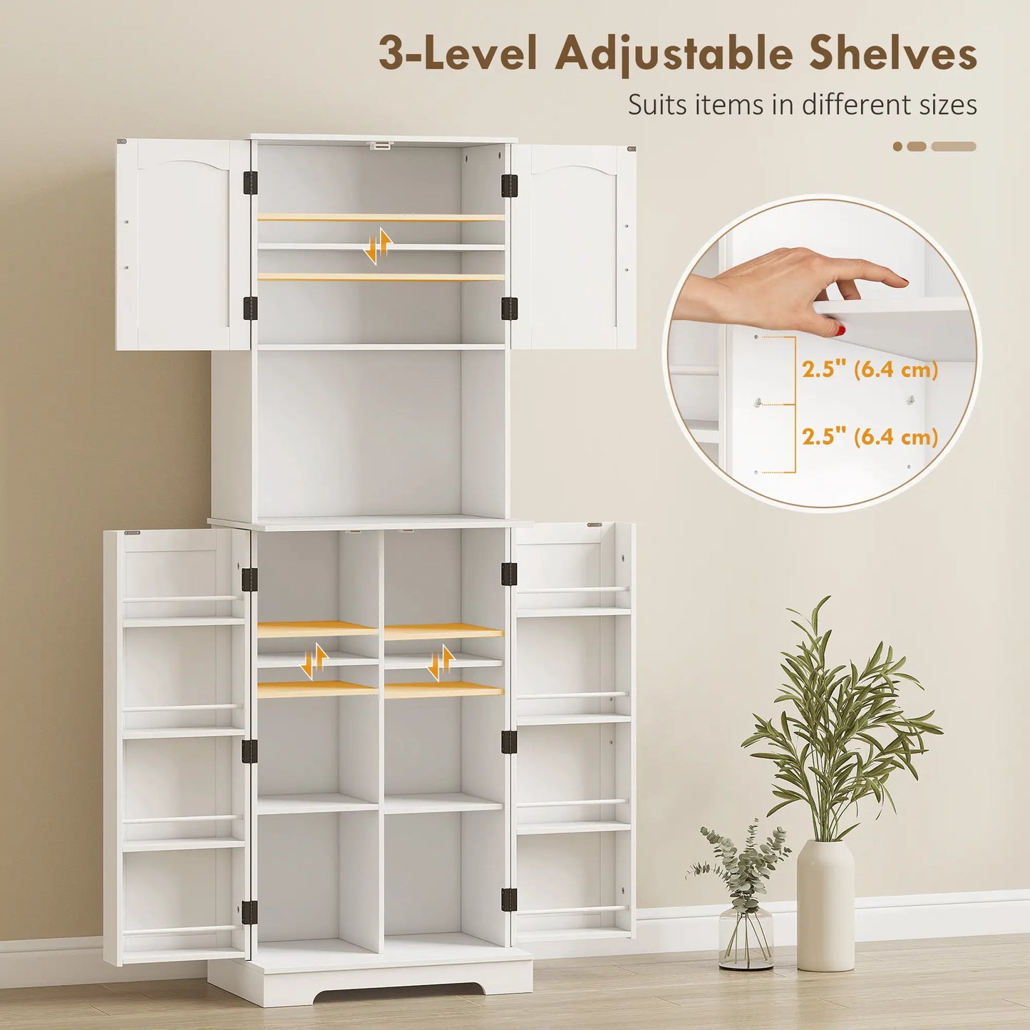 71.5" Tall Pantry Cabinet, Farmhouse Kitchen Storage, Adjustable Shelves, White Kitchen Pantry Cabinets at Gallery Canada