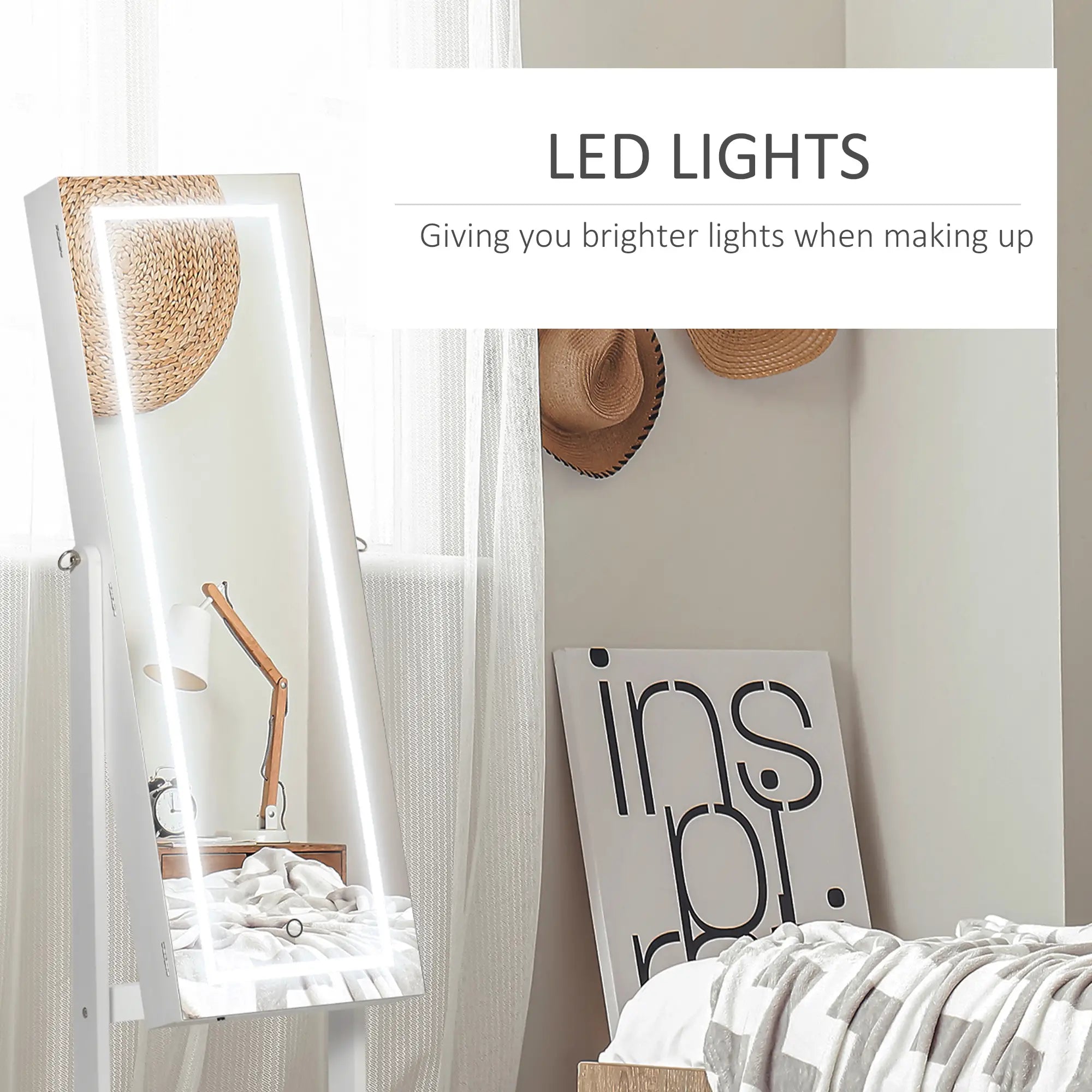 Lockable Jewelry Armoire with LED Light, Standing Mirror, White Jewelry Armoire & Jewellery Mirror Cabinets at Gallery Canada