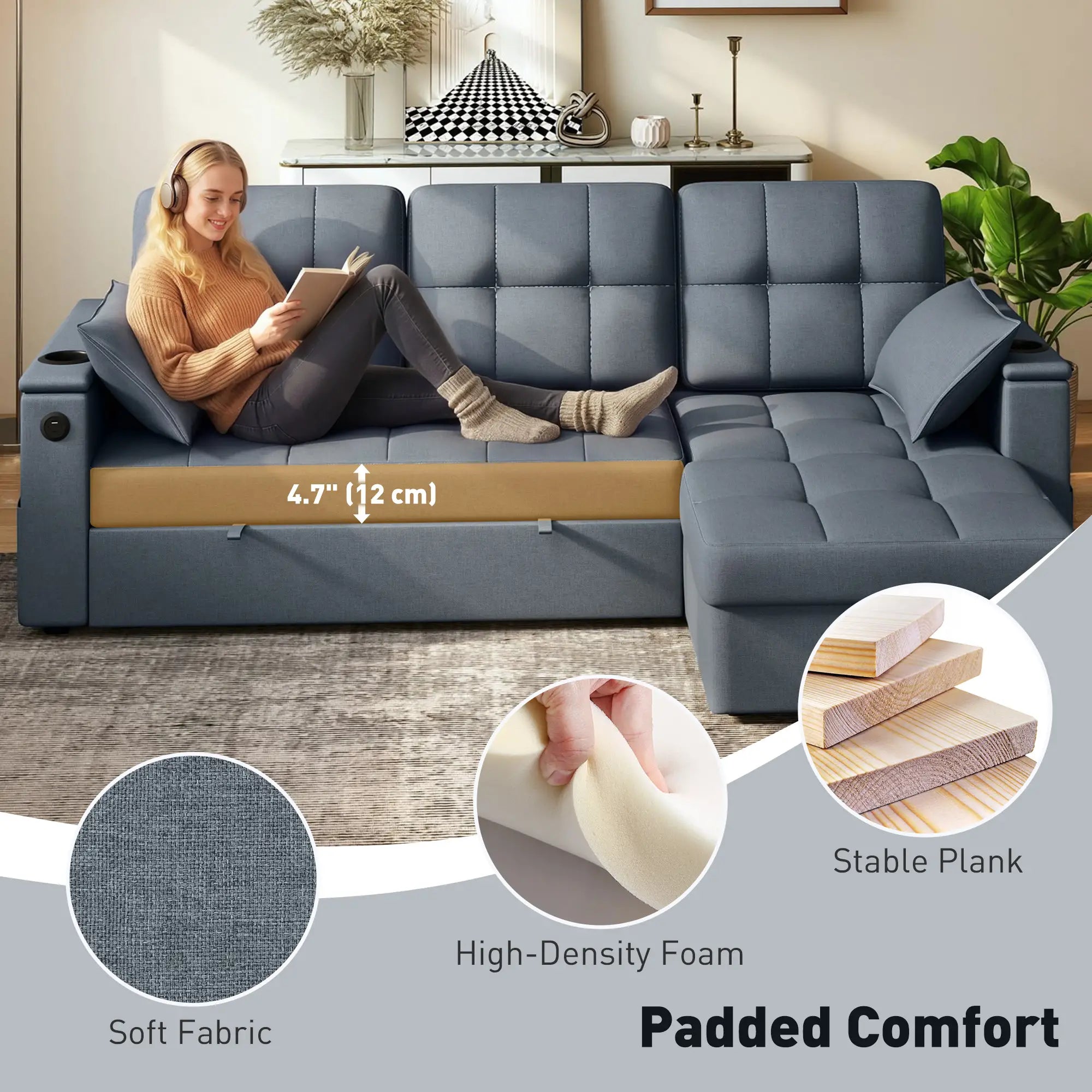 Convertible Sectional Sofa Bed, Pull Out Sleeper, Chaise Storage, Dark Grey Sofas & Reclining Chairs at Gallery Canada