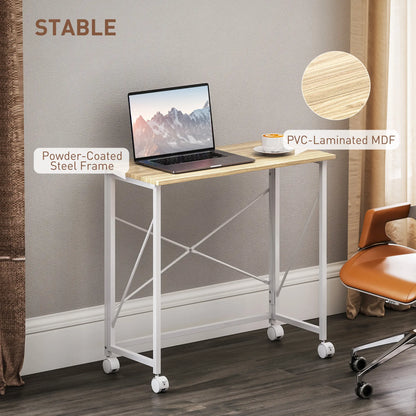 31.5" Folding Desk With Wheels, Home Office Desk, Natural Wood, Natural Wood