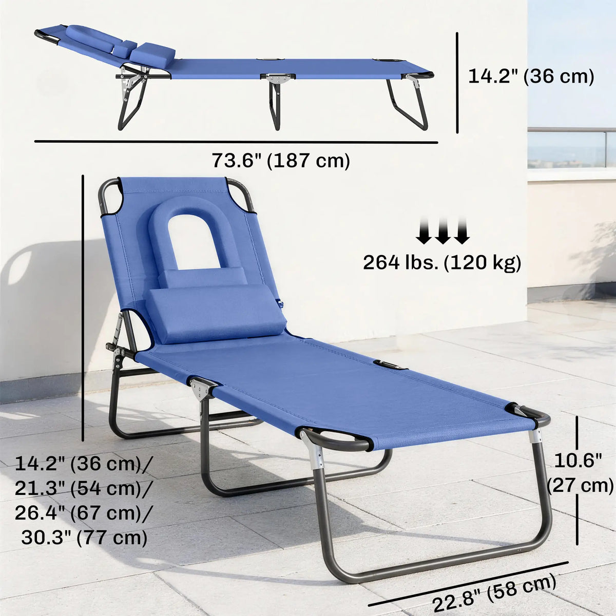Adjustable Outdoor Lounge Chair, Folding Chaise with Face Hole, Blue
