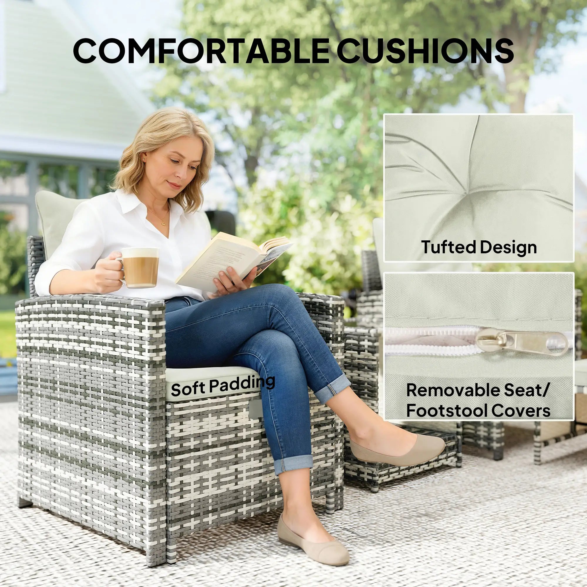 5 Piece Patio Furniture Set, Wicker Chairs With Ottomans, 2-Tier Glass Coffee Table, Grey/Cream White Patio Furniture Sets at Gallery Canada