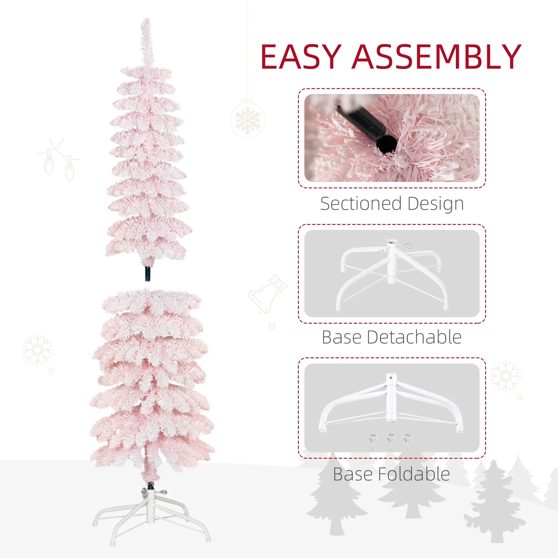 5ft Snow-Flocked Slim Pencil Christmas Tree, 301 Branches, Metal Base, Pink Pencil Christmas Trees at Gallery Canada