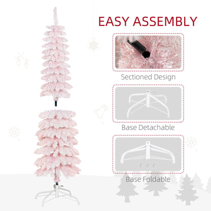 5ft Snow-Flocked Slim Pencil Christmas Tree, 301 Branches, Metal Base, Pink Pencil Christmas Trees at Gallery Canada