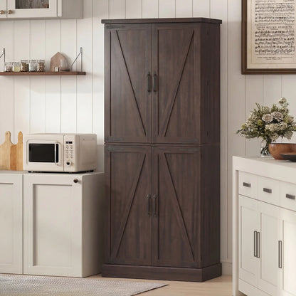 72" Tall Kitchen Pantry Cabinet, Farmhouse Storage Cabinet with 8 Door Racks and Adjustable Shelves, Distressed Brown