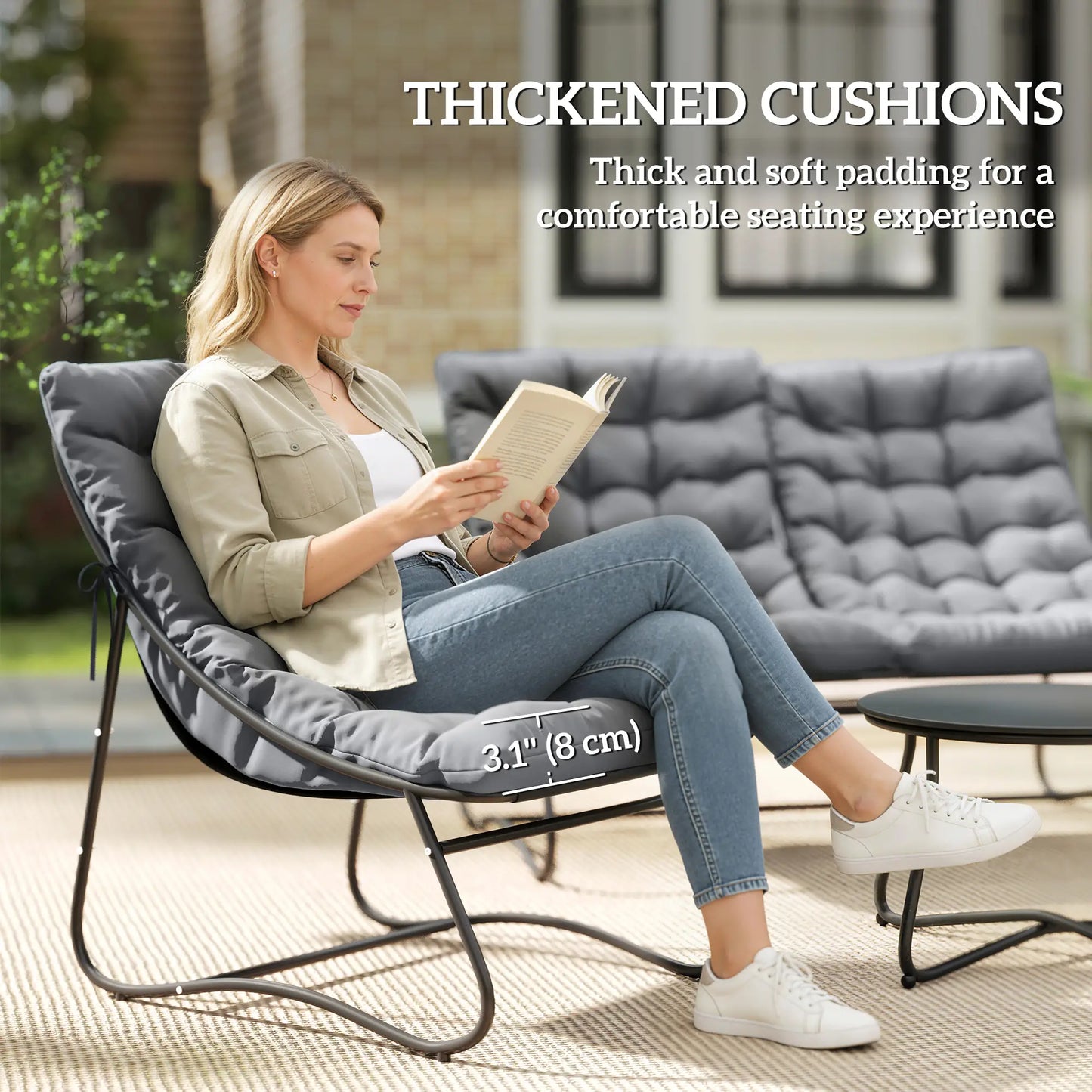 4 Piece Patio Furniture Set, Loveseat, Chairs, Round Metal Table, Cushions, Grey Patio Furniture Sets at Gallery Canada