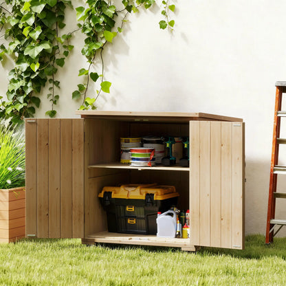Wooden Outdoor Storage Cabinet, Garden Shed With Shelf, Double Doors, Natural
