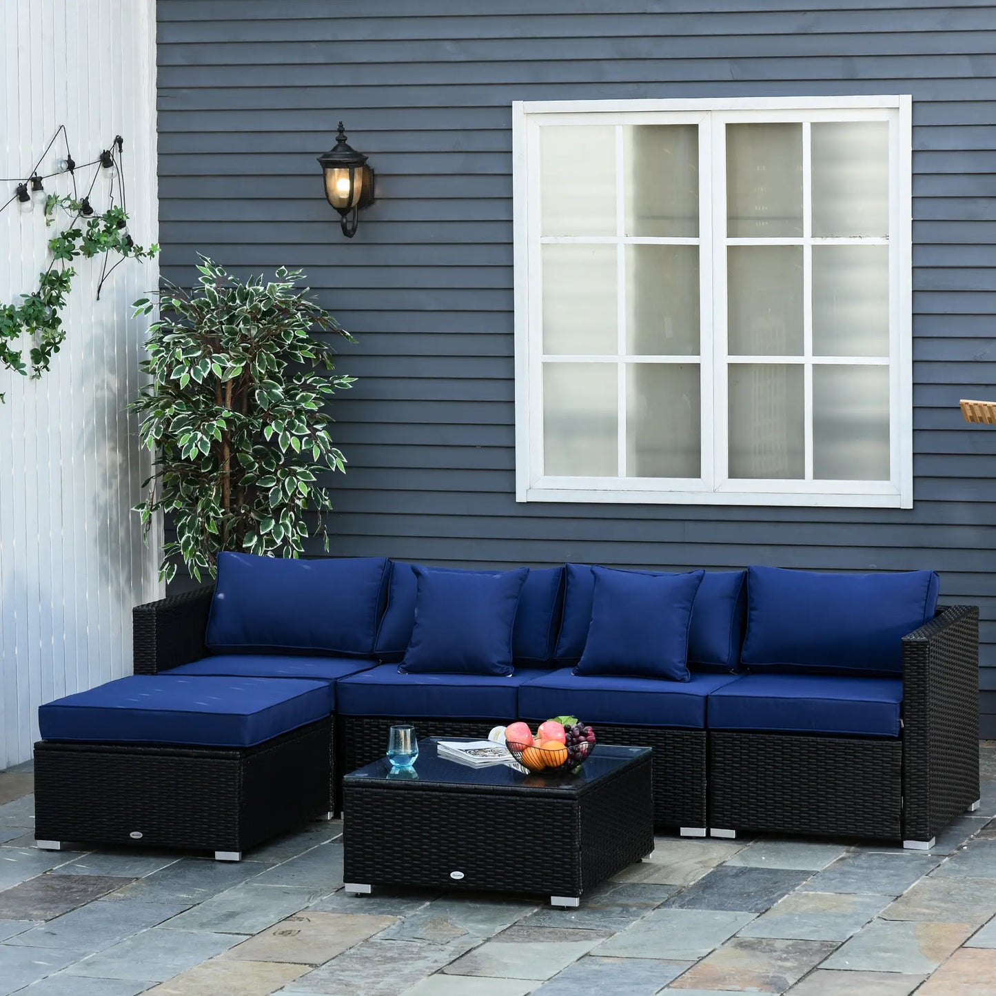 6-Piece Outdoor PE Rattan Sofa Set, Thick Cushions, Glass Top Table, Dark Blue, Black Patio Furniture Sets at Gallery Canada