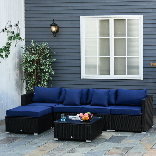 6-Piece Outdoor PE Rattan Sofa Set, Thick Cushions, Glass Top Table, Dark Blue, Black Patio Furniture Sets Black Rattan, Dark Blue Fabric at Gallery Canada