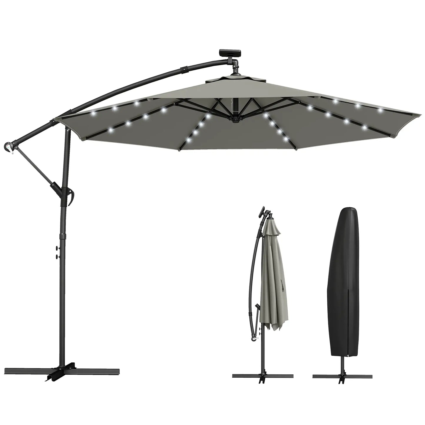 9.7 ft Cantilever Patio Umbrella, Solar Light, Tilt Crank, Grey Offset Cantilever Umbrellas at Gallery Canada